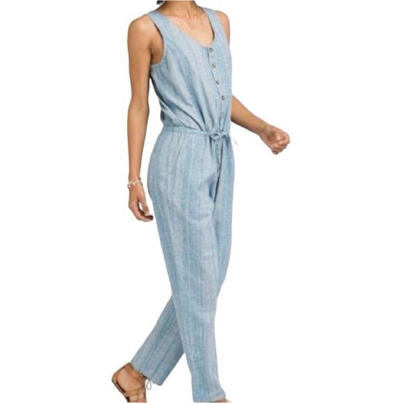 Prana Pants - prAna Women's Blue Wayferer Sleeveless Cotton Hemp Blend Breathable Jumpsuit XL